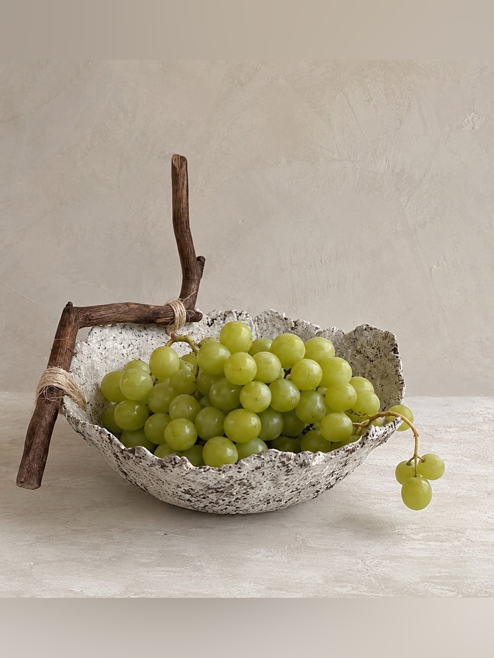 Handmade Rustic Organic Papier-Mâché Bowl with Driftwood Handle – One-of-a-Kind